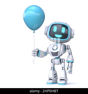 Cute blauen Roboter halten blauen Ballon 3D Rendering Illustration isoliert auf weißem Hintergrund Stockfoto