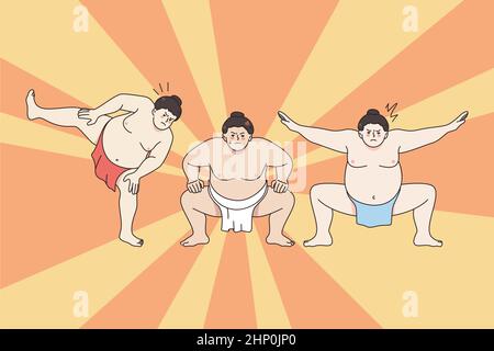 Traditionelles Sumo-Wrestling-Kampfkonzept. Gruppe von japanischen Männern Kämpfer üben Sumo während des Trainings oder Kampf Vektor Illustration Stockfoto