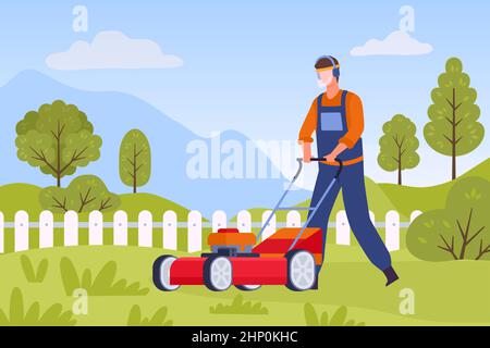 Flacher Rasenmäher Servicemitarbeiter Charakter im Garten. Mann mit Rasenmäher, der grünes Gras schneidet. Back Yard Wartung und Pflege Vektor-Konzept. Illustratio Stock Vektor