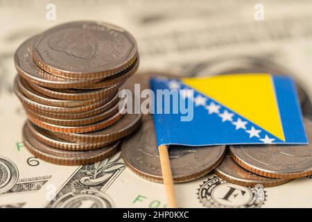 Bosnien und Herzegowina Flagge auf Münzen Hintergrund, Geschäfts- und Finanzkonzept. Stockfoto