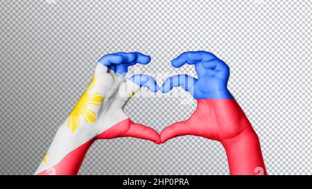 Philippinische Flagge Farbe, Hände zeigen Symbol von Herz und Liebe, Beschneidung Pfad Stockfoto