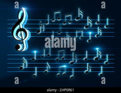 3D Darstellung von Notennoten und musikalischen Zeichen abstrakter Notenblätter. Songs und Melodie Konzept. Musik Hintergrund Design.musikalische Schreiben. Stockfoto