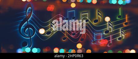 3D Darstellung von Notennoten und musikalischen Zeichen abstrakter Notenblätter. Songs und Melodie Konzept. Musik Hintergrund Design.musikalische Schreiben. Stockfoto