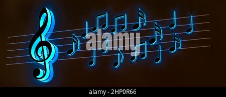 3D Darstellung von Notennoten und musikalischen Zeichen abstrakter Notenblätter. Songs und Melodie Konzept. Musik Hintergrund Design.musikalische Schreiben. Stockfoto