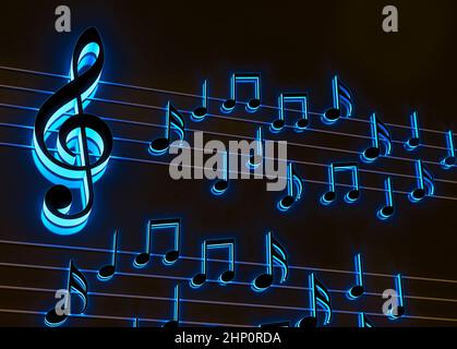 3D Darstellung von Notennoten und musikalischen Zeichen abstrakter Notenblätter. Songs und Melodie Konzept. Musik Hintergrund Design.musikalische Schreiben. Stockfoto