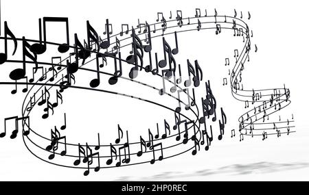 3D Darstellung von Notennoten und musikalischen Zeichen abstrakter Notenblätter. Musik Hintergrund Design.musikalische Schrift isoliert über weiß. Stockfoto