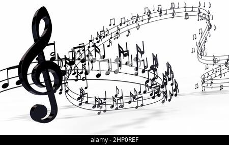 3D Darstellung von Notennoten und musikalischen Zeichen abstrakter Notenblätter. Musik Hintergrund Design.musikalische Schrift isoliert über weiß. Stockfoto