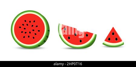 Set aus geschnittenen Scheiben reifer roter Wassermelone. Halb-, Teil- und Dreiecksstück Stock Vektor