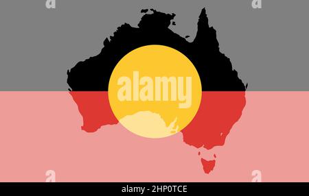 Silhouette Karte von Australien über einer Flagge der Aborigines Stockfoto