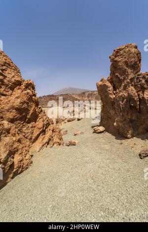 Wüstenlandschaft von Las Canadas Caldera des Teide Vulkans. Mirador (Aussichtspunkt) Minas de San Jose Sur. Teneriffa. Kanarische Inseln. Spanien. Stockfoto