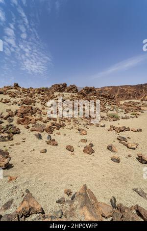 Wüstenlandschaft von Las Canadas Caldera des Teide Vulkans. Mirador (Aussichtspunkt) Minas de San Jose Sur. Teneriffa. Kanarische Inseln. Spanien. Stockfoto