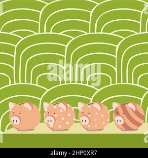 Mehrere Piggy Bank Zeichnung Auf Tisch Mit Gestreiftem Hintergrund. Stockfoto