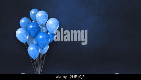 Blaue Luftballons Haufen auf einer schwarzen Wand Hintergrund. Horizontales Banner. Rendering von 3D-Illustrationen Stockfoto