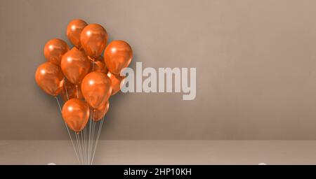 Orange Ballons Haufen auf einem beigen Wand Hintergrund. Horizontales Banner. 3D Darstellung rendern Stockfoto