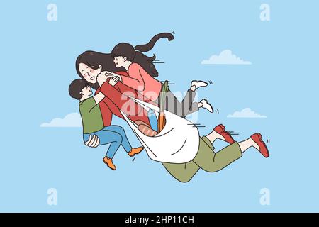 Happy Mutterschaft und Kindheit Konzept. Junge lächelnde Frau Mutter in blauen Himmel fliegen mit zwei kleinen Kindern auf den Händen Vektor-Illustration Stockfoto