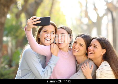 Vier glückliche Freunde, die Selfies mit dem Smartphone auf der Straße machen Stockfoto