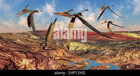 Pteranodons Reptilien fliegen über eine bergige Landschaft in der Kreidezeit Nordamerikas. Stockfoto