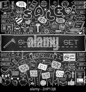 Einkaufskritzel-Set. Kreidetafel-Effekt. Handgezeichnete Icons Sammlung mit Rabatt-Tags, Computer, Smartphone, Geschenk-Box, Herzen, Stars und Banner. Ein Stockfoto