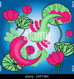 Niedliche Axolotl, Vektor-Illustration im Cartoon-Stil. Rosa Lotusblumen mit Blättern. Yin und Yang. Rosafarbenes und grünes Axolotl. Logo im modischen, linearen Stil Stock Vektor