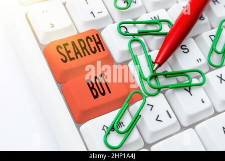 Hand schreiben Zeichen Search bot, Business Idea ein Programm, das automatisierte Aufgaben über das Internet oder Netzwerk mit Online-Freunden, so dass AC läuft Stockfoto
