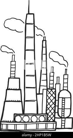 Werksseitige Symbole. Handgezeichnetes Industriegebäude mit Rauch aus Rohren Stock Vektor