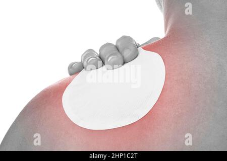 Medizinische Patch-Therapie zur Schmerzlinderung bei einem Berufskrankheiten-Syndrom eines jungen Mannes mit Schulterschmerzen. Gesundheitliche Probleme durch Überlastung. Stockfoto