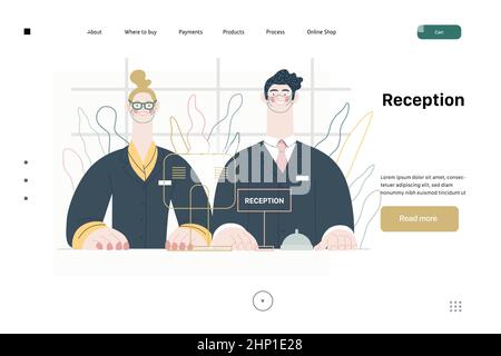 Krankenhausaufnahme - Krankenversicherung Web-Vorlage, Einrichtungen und Dienstleistungen. Modernes, flaches Vektorkonzept, digitale Illustration - ein paar Rezeptionisten am Schreibtisch begrüßen die Gäste. Stock Vektor