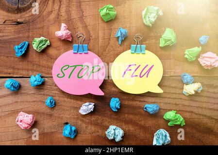 Konzeptionelle Bildunterschrift Stop Flu, Wort geschrieben über Treat the ansteckende respiratorische Krankheit verursacht durch Influenza-Virus buntes perpektives positives Denken Stockfoto