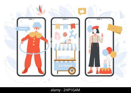 Zirkus Online-Tickets auf Bildschirmen von Mobiltelefonen Vektor-Illustration. Cartoon Clown und Mime Performing Show, Zaubertricks mit Hase und Hut von Magi Stock Vektor