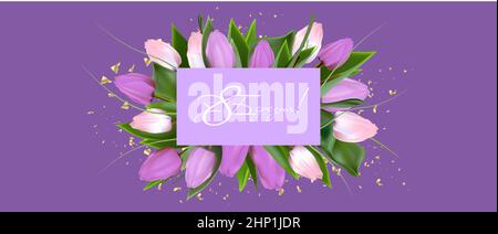 Frauentag 8. März Urlaubskarte. Vektorgrafik für Frühlingsblumen. Gruß realistische Tulpenblüten Vorlage, Beschriftung in Ukrainisch seit März 8 Stock Vektor