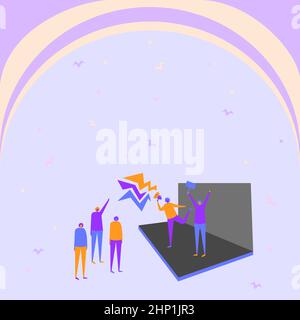 Illustration Eines Paares Auf Der Bühne, Das Ansage An Die Kleine Menge Macht. Stockfoto