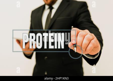 Inspiration, die Zeichen Protein, Wort geschrieben auf dem niedrigen Fett-oder Kohlenhydratverbrauch Gewichtsverlust Plan präsentiert neue Technologie Ideen Discussi Stockfoto