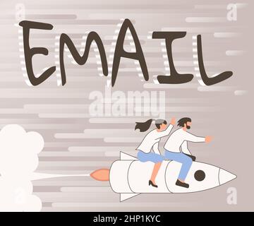 Textunterschrift E-Mail, Konzept Bedeutung Senden einer Werbebotschaft an eine Gruppe von Anzeigen per E-Mail Illustration von Happy Partners Riding On Stockfoto