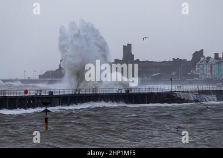 Aberystwyth, Großbritannien. 18th. Februar 2022. 18. Februar 2022, Aberystwyth, Wales, Großbritannien. Sturm Eunice. Windböen verursachen bei Flut an der Küste von Mid Wales sehr raue Meere. Riesige Wellen schlagen die Promenade und die Verteidigung des Meeres an der Mündung des Hafens von Aberystwyth. Quelle: Atgof.Co/Alamy Live News Stockfoto