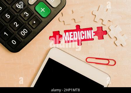 Text zeigt Inspiration Medizin, Wort für Eine Substanz oder Zubereitung, die bei der Behandlung von Disease Pills verwendet wird Aufbau eines unfertigen weißen Stichmusters Puzz Stockfoto