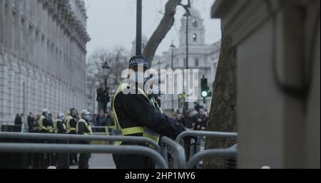 London, Großbritannien - 01 22 2022: Ein Polizist, der während der ‘World Wide Rally for Freedom“ auf der Whitehall Road ansteht und die Downing Street bewacht. Stockfoto