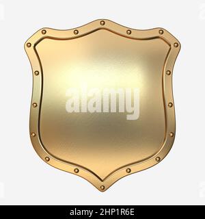 Golden Shield 3D Rendering-Illustration isoliert auf weißem Hintergrund Stockfoto