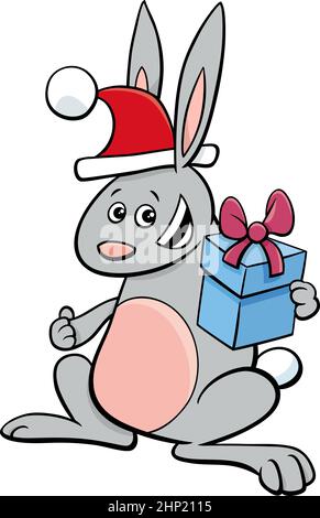 Cartoon Kaninchen Tier Charakter mit Geschenk auf Weihnachtszeit Stock Vektor