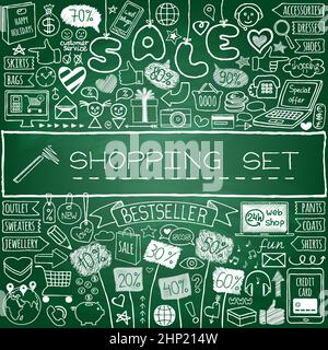 Einkaufskritzel-Set. Kreidetafel-Effekt. Handgezeichnete Icons Sammlung mit Rabatt-Tags, Computer, Smartphone, Geschenk-Box, Herzen, Stars und Banner. Ein Stockfoto