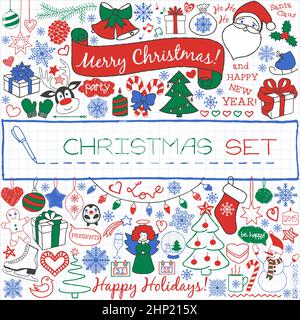 Doodle Weihnachts-Symbole und Vintage-Grafik-Elemente mit Pen dran auf Papier-Effekt. Weihnachtsmann, Schneemann, niedliche Weihnachtsdekorationen, Geschenke, Stockfoto