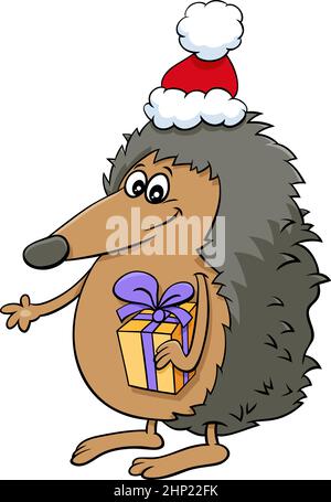 Cartoon Igel Charakter mit Geschenk auf Weihnachtszeit Stock Vektor