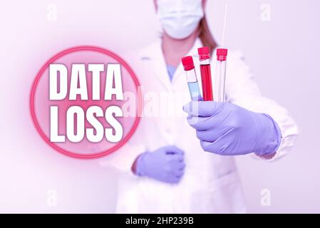 Textüberschrift mit Datenverlust, konzeptuellen Fotoprozess oder Ereignis, das dazu führt, dass Daten beschädigt und gelöscht werden Testmedizin und Impfstoff für Stockfoto