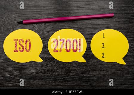 Text zeigt Inspiration ISO 27001, Internet-Konzept-Spezifikation für ein Informationssicherheits-Managementsystem Neue Idee frisches Konzept Creative Commu Stockfoto