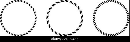 Kordel- oder Seilkreis-Set-Anordnung in schwarz-weißem Verlauf als Vektor auf einem isolierten weißen Hintergrund. Stock Vektor