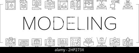 3D Modellierungssoftware und Gerätesymbole setzen Vektor . Stock Vektor