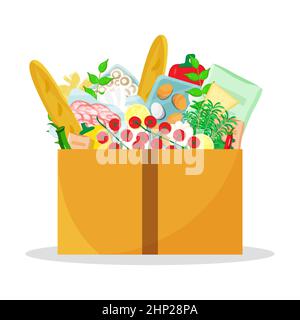 Pappkarton voll mit Lebensmitteln. Lieferung von Lebensmitteln. Vektorgrafik flach. Stock Vektor