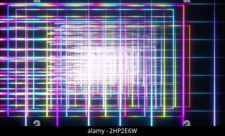 Geometrisches 3d-Rendern von Schnittlinien in digitaler Synthesewelle. Dünne Streifen, die entlang der Oberfläche der Vaporwelle laufen. Elektronische futuristische Disco mit Brill Stockfoto