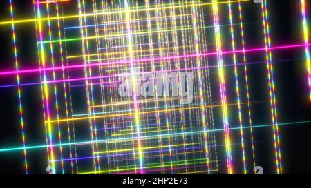 Geometrisches 3d-Rendern von Schnittlinien in digitaler Synthesewelle. Dünne Streifen, die entlang der Oberfläche der Vaporwelle laufen. Elektronische futuristische Disco mit Brill Stockfoto