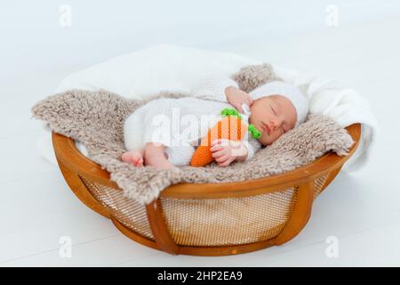 Neugeborenes Baby in weißem Hase-Anzug schlafen auf Holzkorb. Kinderkaninchen mit gestrickter Karotte in den Händen. Kreative Babyfotografie Stockfoto