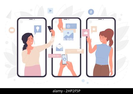 Online-Nachrichten mit Foto, Sprache und Video von weiblichen Nutzern auf Bildschirmen von Mobiltelefonen Vektordarstellung. Cartoon glückliche Menschen teilen Beiträge in SoC Stock Vektor